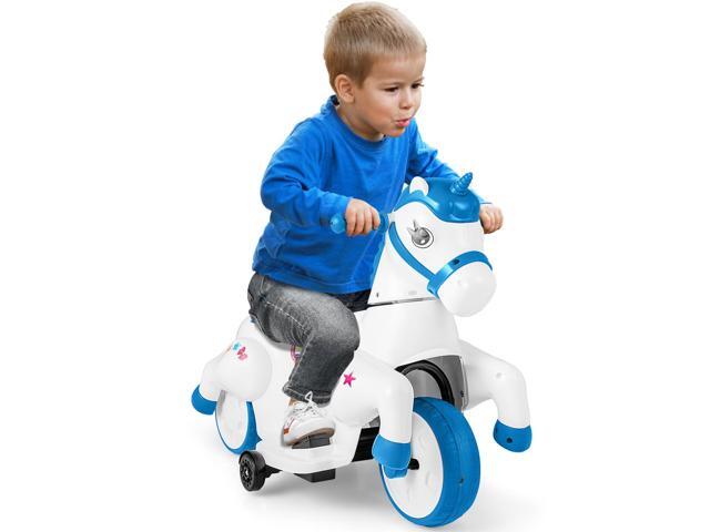 SlickBlue 12V Unicorn Ride on Toy with Training Wheels and Horse Riding Mode