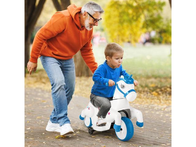 SlickBlue 12V Unicorn Ride on Toy with Training Wheels and Horse Riding Mode