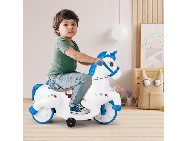 SlickBlue 12V Unicorn Ride on Toy with Training Wheels and Horse Riding Mode