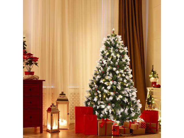 SlickBlue Pre-lit Snow Flocked Christmas Tree with Red Berries and LED Lights