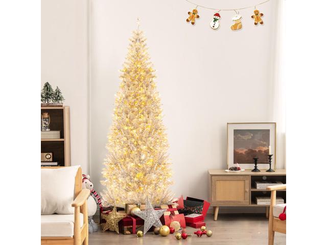 SlickBlue Pre-Lit Artificial Silver Tinsel Xmas Tree with 790 Branch Tips