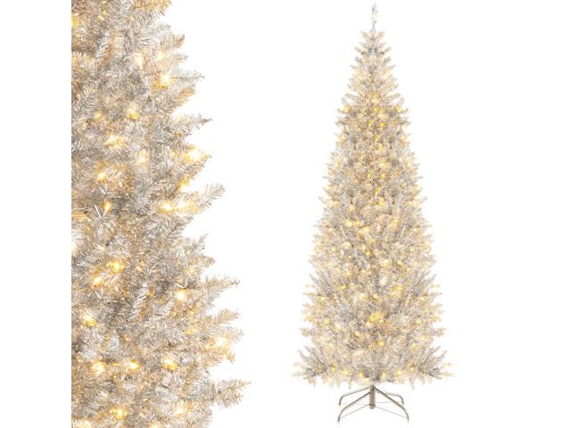 SlickBlue Pre-Lit Artificial Silver Tinsel Xmas Tree with 790 Branch Tips