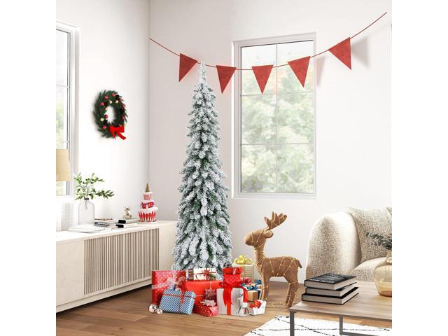 SlickBlue Pre-Lit Artificial Christmas Tree Snow-Flocked Slim Pencil Xmas Decor
