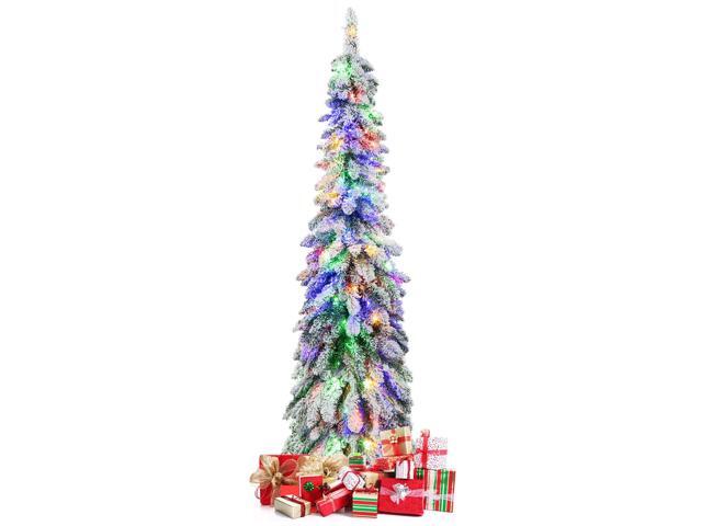 SlickBlue Pre-Lit Artificial Christmas Tree Snow-Flocked Slim Pencil Xmas Decor