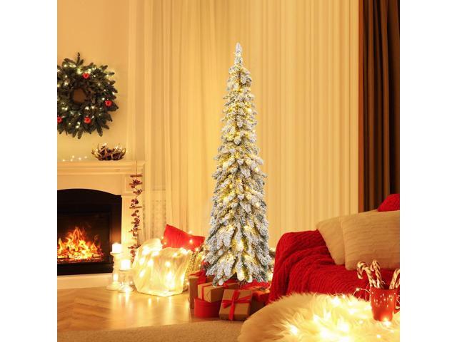SlickBlue Pre-Lit Artificial Christmas Tree Snow-Flocked Slim Pencil Xmas Decor