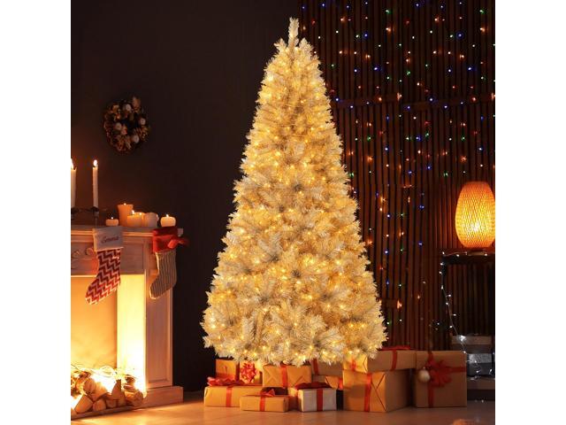 SlickBlue Full Artificial Xmas Tree with Branch Tips and Pre-Lit Warm LED Lights