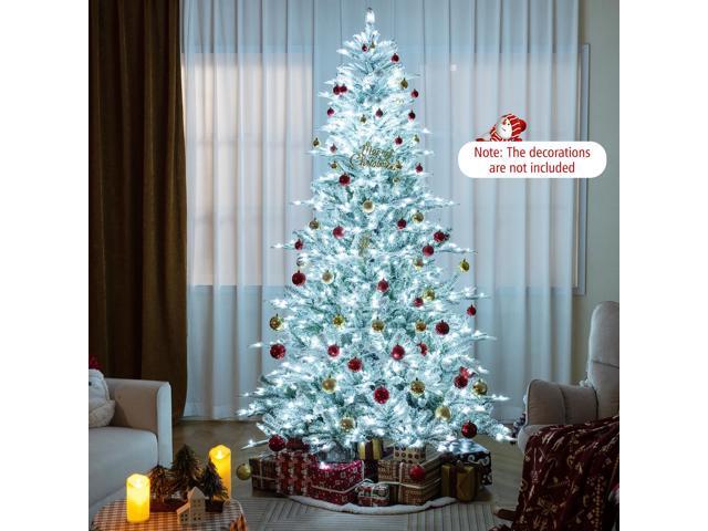 SlickBlue 8 Feet Snow Flocked Artificial Christmas Tree with Cool White LED Lights