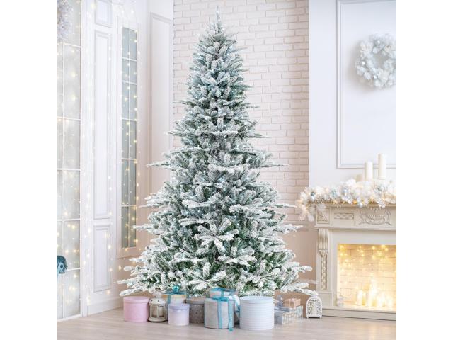 SlickBlue 8 Feet Snow Flocked Artificial Christmas Tree with Cool White LED Lights