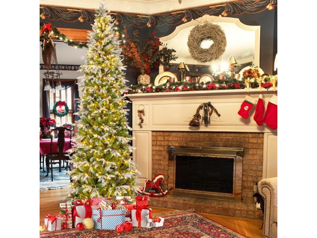 SlickBlue 9 Feet Pre-Lit Artificial Christmas Tree Snow Flocked Hinged-9 FT