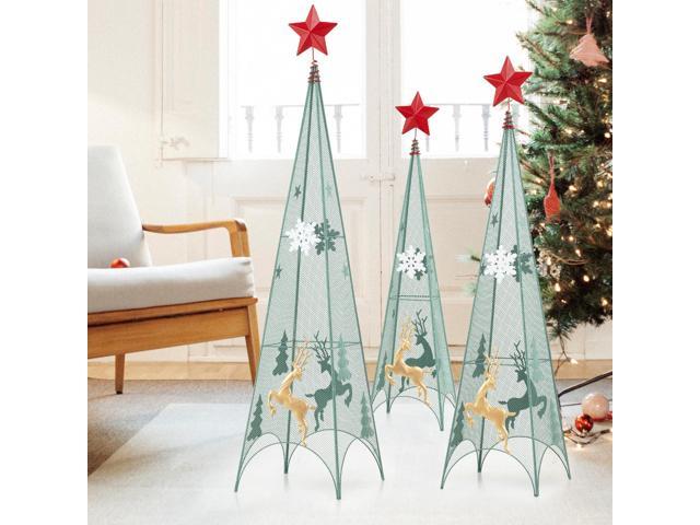 SlickBlue 3/3.5/4 Feet Set of 3 Tower Shaped Christmas Trees with Removable Star Toppers