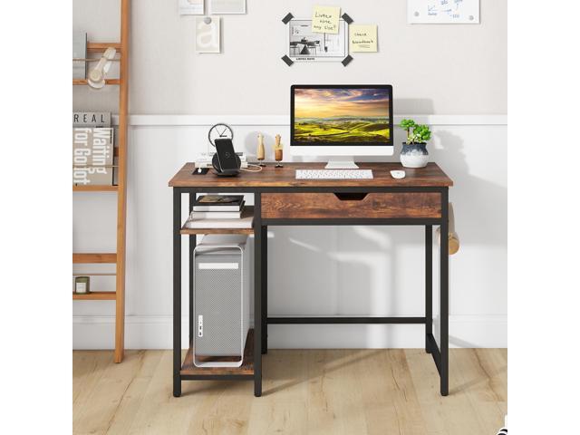 SlickBlue Computer Desk with Charging Station and Drawer & Adjustable Shelf-Rustic Brown