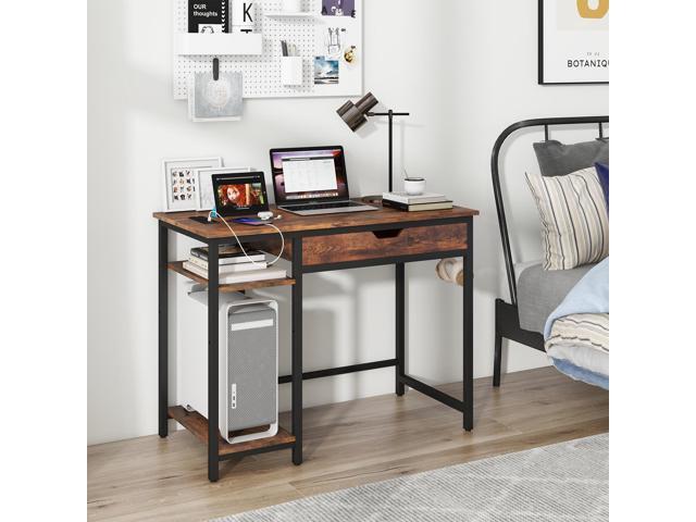 SlickBlue Computer Desk with Charging Station and Drawer & Adjustable Shelf-Rustic Brown
