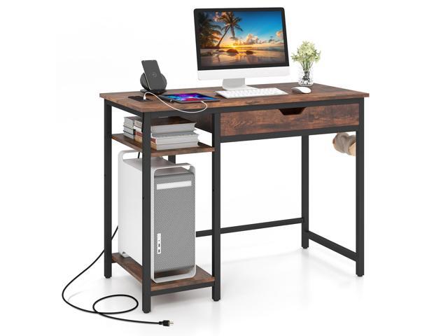 SlickBlue Computer Desk with Charging Station and Drawer & Adjustable Shelf-Rustic Brown