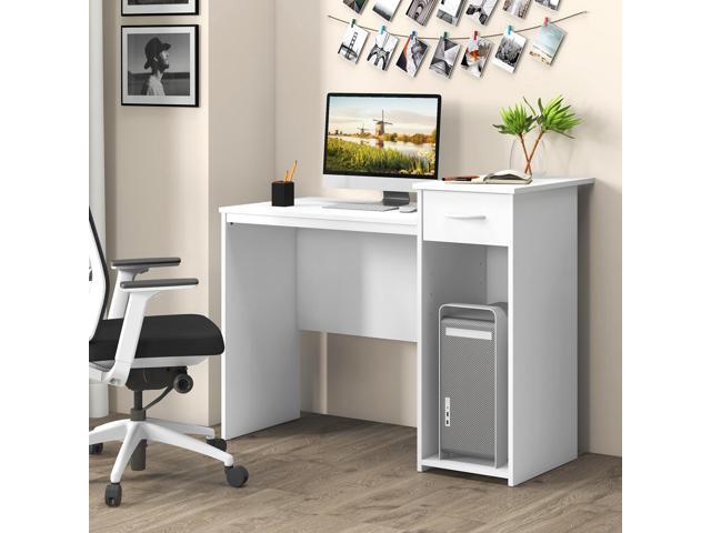 SlickBlue Computer Desk with Drawer Modern Laptop PC Desk with Adjustable Shelf and Cable Hole-White