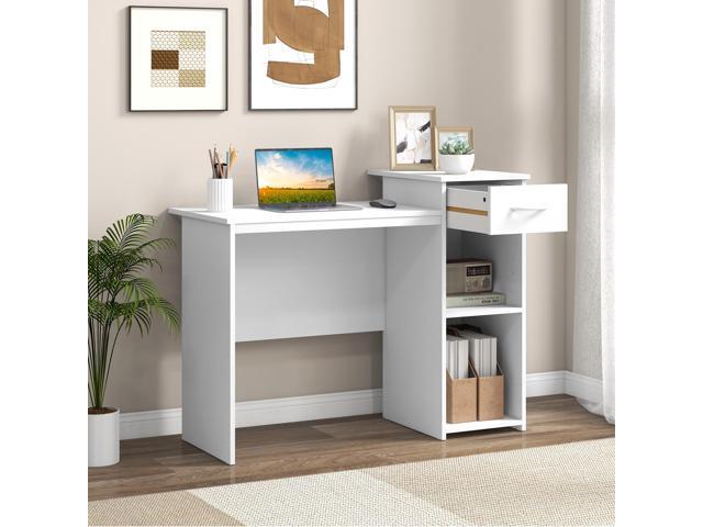 SlickBlue Computer Desk with Drawer Modern Laptop PC Desk with Adjustable Shelf and Cable Hole-White