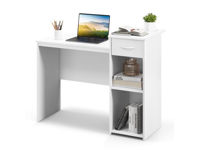 SlickBlue Computer Desk with Drawer Modern Laptop PC Desk with Adjustable Shelf and Cable Hole-White