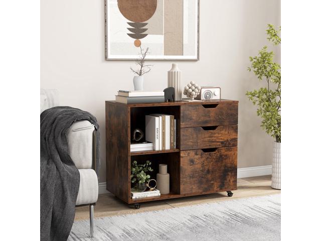 SlickBlue 3-Drawer File Cabinet with Adjustable Shelf and Wheels for Letter-Rustic Brown