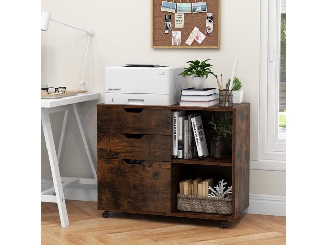 SlickBlue 3-Drawer File Cabinet with Adjustable Shelf and Wheels for Letter-Rustic Brown