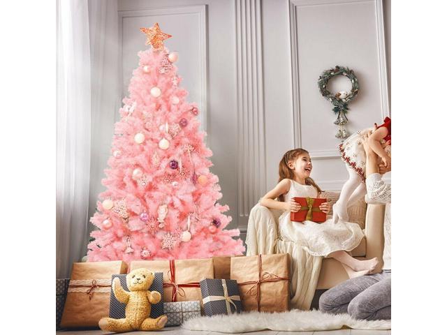 SlickBlue 6 Feet Pink Artificial Hinged Spruce Full Christmas Tree with Foldable Metal Stand