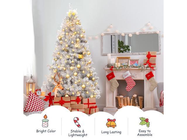 SlickBlue 6 Feet Hinged Unlit Artificial Silver Tinsel Christmas Tree with Metal Stand