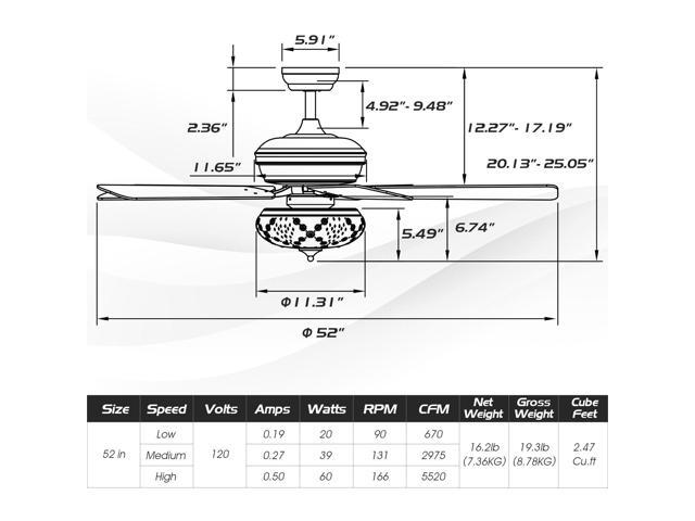 SlickBlue 52 Inch Ceiling Fan with 3 Wind Speeds and 5 Reversible Blades