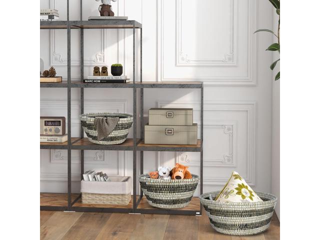 SlickBlue Natural Canes Grass Baskets Stackable Storage Bins Set of 3 with Hollowed Handles