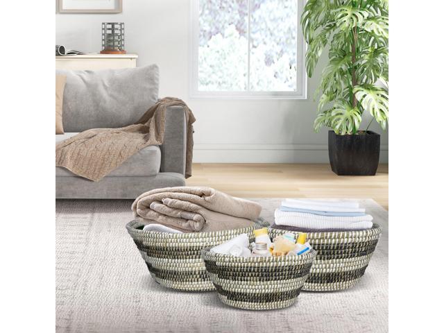 SlickBlue Natural Canes Grass Baskets Stackable Storage Bins Set of 3 with Hollowed Handles