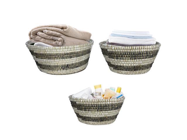 SlickBlue Natural Canes Grass Baskets Stackable Storage Bins Set of 3 with Hollowed Handles