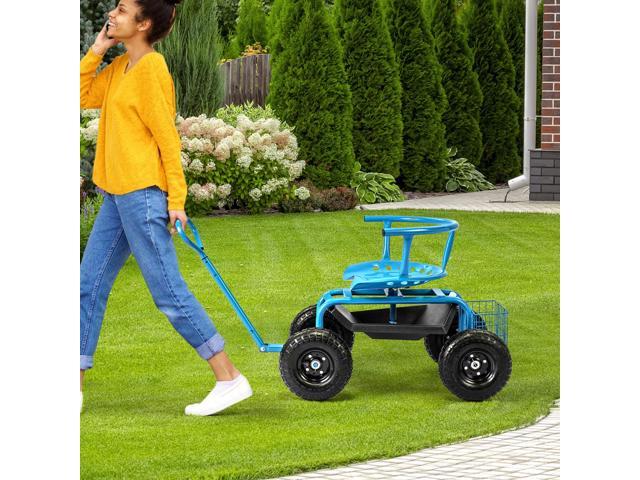 SlickBlue Cushioned Rolling Garden Cart Scooter with Storage Basket and Tool Pouch