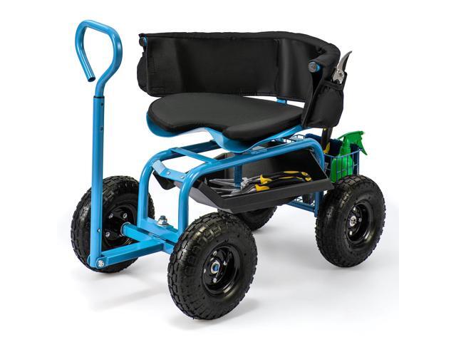 SlickBlue Cushioned Rolling Garden Cart Scooter with Storage Basket and Tool Pouch