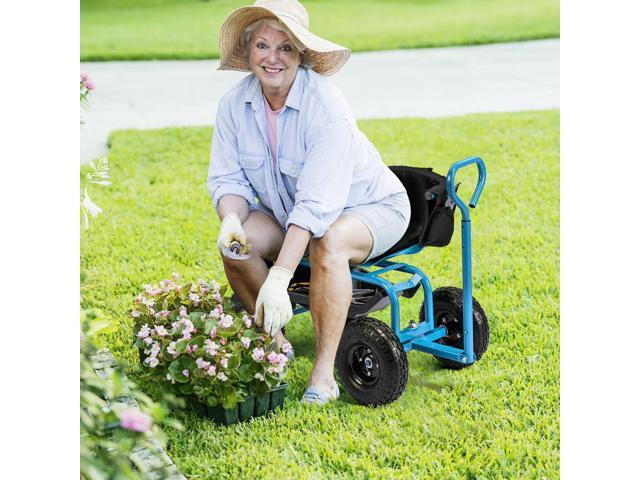 SlickBlue Cushioned Rolling Garden Cart Scooter with Storage Basket and Tool Pouch