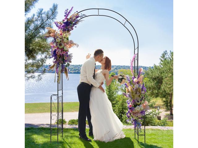 SlickBlue 7.9 Feet Metal Garden Arch Backdrop Stand with Fence for Climbing Plants-Black