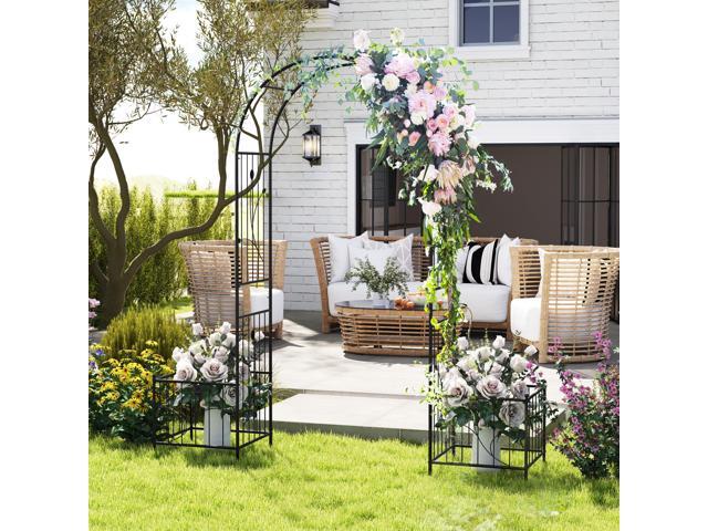 SlickBlue 2 in 1 Garden Arbor with 2 Side Planters and 8 Ground Stakes-Black