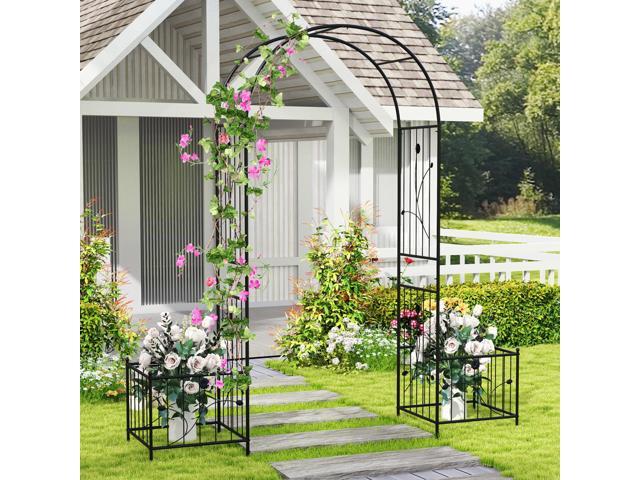 SlickBlue 2 in 1 Garden Arbor with 2 Side Planters and 8 Ground Stakes-Black