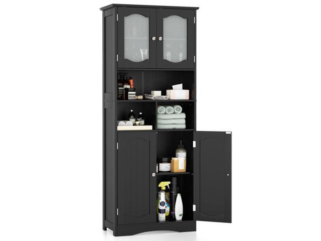 SlickBlue 58.5 Inch Freestanding Linen Bathroom Storage Cabinet with Frost Glass Doors