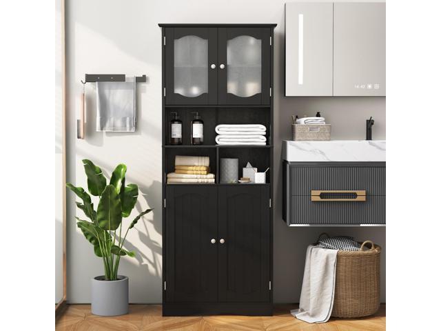 SlickBlue 58.5 Inch Freestanding Linen Bathroom Storage Cabinet with Frost Glass Doors