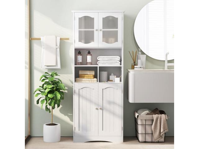 SlickBlue 58.5 Inch Freestanding Linen Bathroom Storage Cabinet with Frost Glass Doors