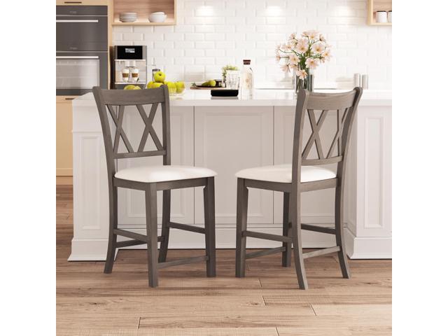 SlickBlue Set of 2 Bar Stools with Cross Back and Linen Fabric Upholstered Seat-Beige