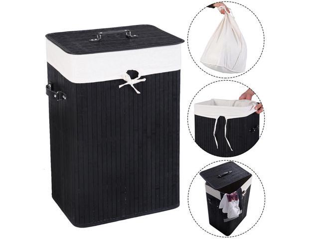SlickBlue Rectangle Bamboo Hamper Laundry Basket Washing Cloth Bin Storage Bag Lid 3 color