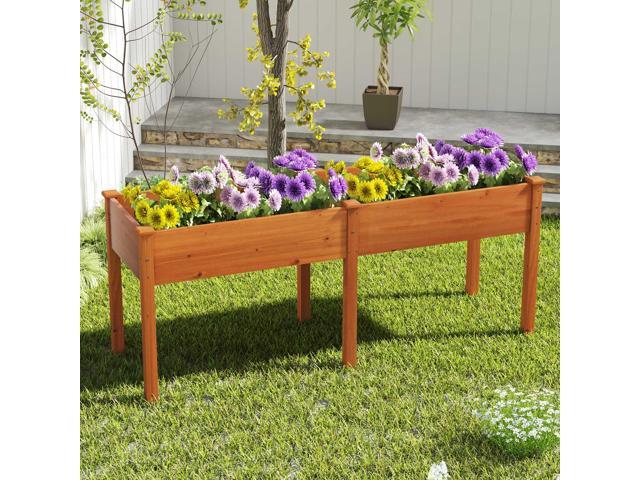 SlickBlue Fir Wood Outdoor Raised Garden Bed with Divider Panel and Drainage Holes