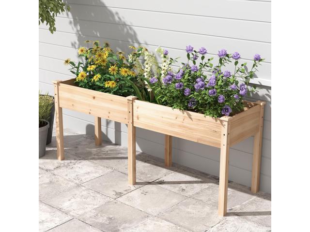 SlickBlue Fir Wood Outdoor Raised Garden Bed with Divider Panel and Drainage Holes