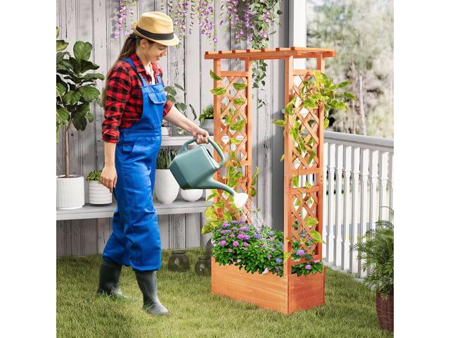 SlickBlue Raised Garden Bed with Side Trellis and Hanging Roof and Drainage Hole