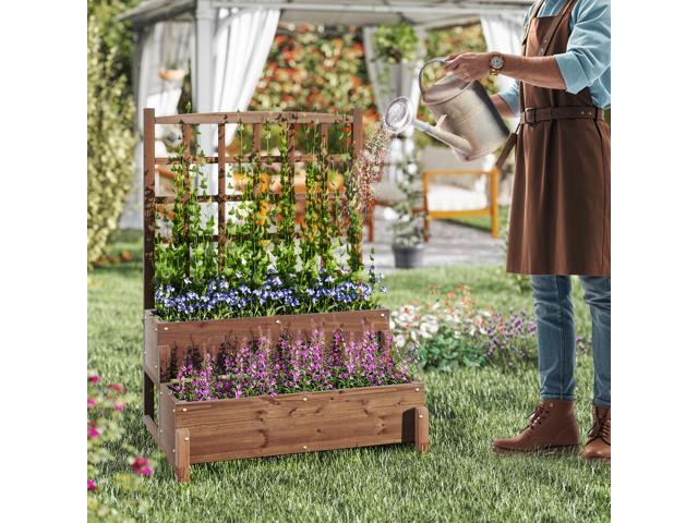 SlickBlue Raised Garden Bed with Trellis 2-tier Wood Planter Box with Drainage Holes