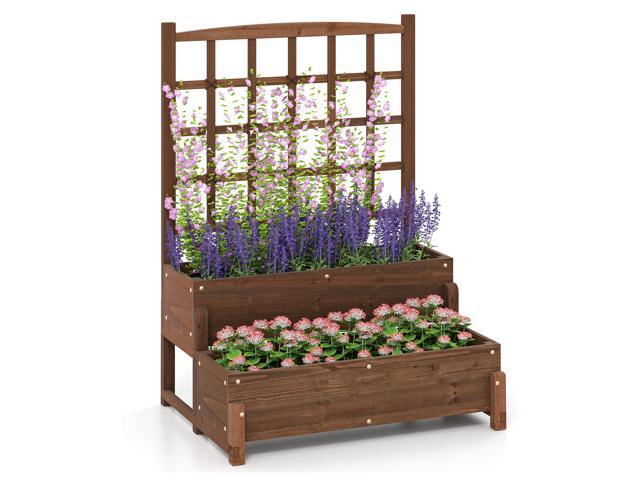 SlickBlue Raised Garden Bed with Trellis 2-tier Wood Planter Box with Drainage Holes