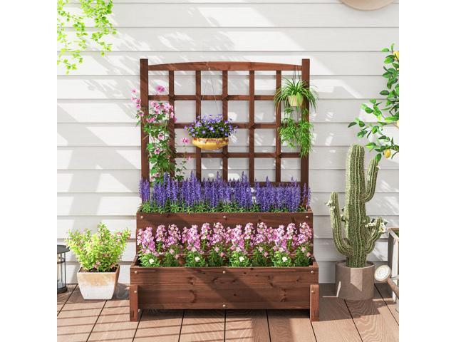 SlickBlue Raised Garden Bed with Trellis 2-tier Wood Planter Box with Drainage Holes