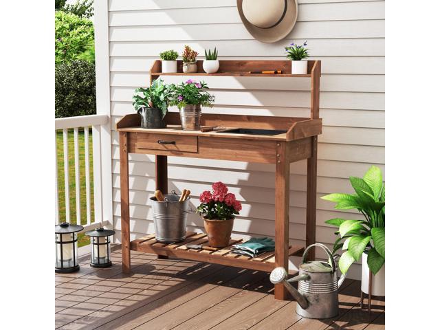 SlickBlue Outdoor Wooden Garden Table Work Station with Storage Shelves and Drawer