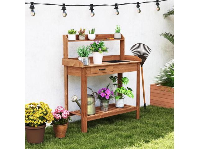 SlickBlue Outdoor Wooden Garden Table Work Station with Storage Shelves and Drawer