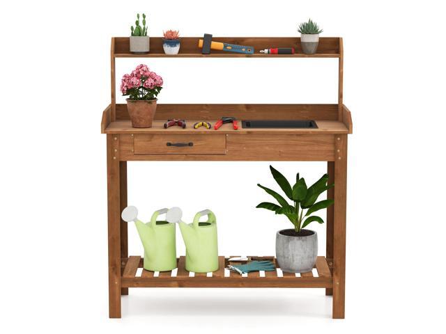 SlickBlue Outdoor Wooden Garden Table Work Station with Storage Shelves and Drawer