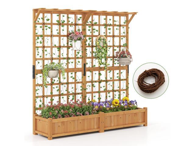 SlickBlue 71 Inches Large Wooden Planter Container with Trellis and Hanging Roof