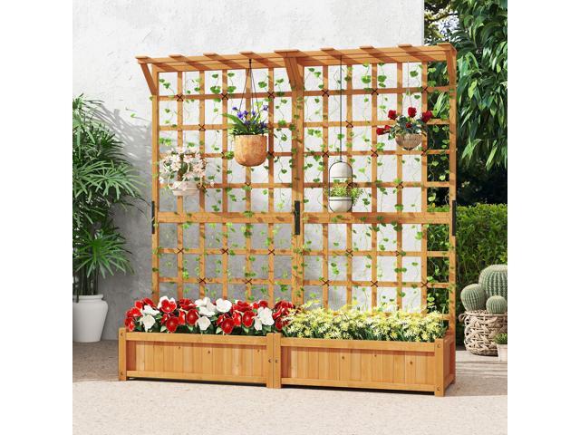 SlickBlue 71 Inches Large Wooden Planter Container with Trellis and Hanging Roof
